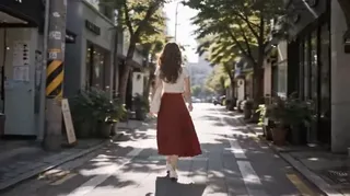 Ultra-realistic cinematic video of a young East Asian woman with ash-brown hair getting a haircut in a bright, modern Japanese salon, then confidently walking through sunny streets.