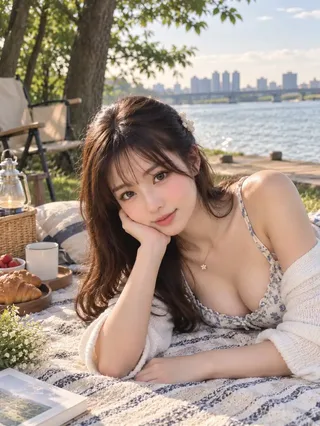A young woman leaning on her hand with a croissant by the river during a morning picnic.