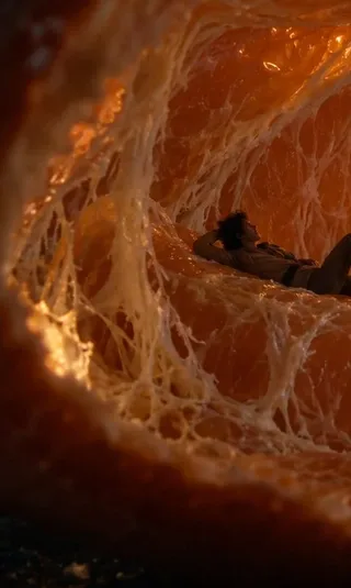 A macro cinematic photograph inside a peeled tangerine, showing tiny 2cm humans exploring citrus segments as architecture, with transmitted light creating a glowing dome.