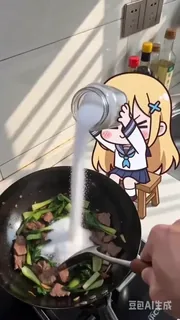 POV cooking scene with a 2D anime sticker character dumping salt into a real wok, followed by comical reactions and the character being force-fed salt and passing out.