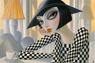 A stylish vintage illustration of a woman in a black hat and checkered top sitting in a cafe.