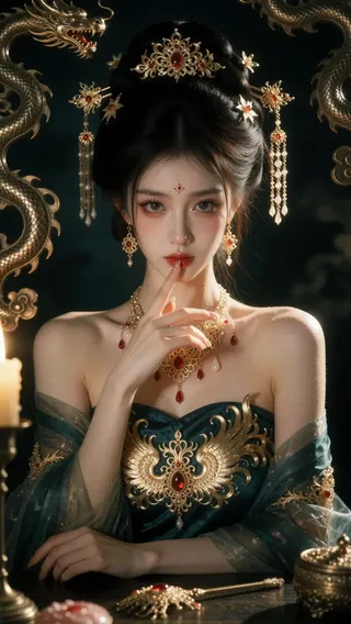 A young East Asian woman with elaborate hair and jewelry, wearing a dark green velvet dress with a golden phoenix breastplate, sits in a dark palace with golden dragons on the walls. She gently touches her lips with her index finger, looking directly at the camera with a serene, mysterious expression.