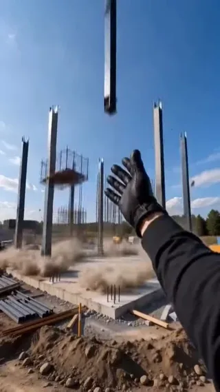 First-person view of a construction site with hands in the foreground directing the rapid, magical assembly of a reinforced concrete and steel building under a bright blue sky.
