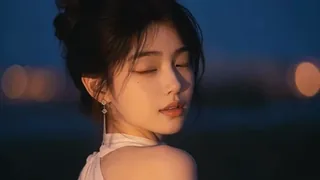 Close-up of a young woman smiling softly in the blue hour, with her hair gently blown by the wind, her eyes conveying a mix of reassurance and subtle fatigue.