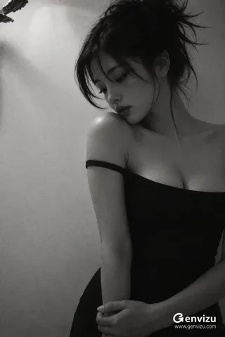 Vertical fine-art black-and-white portrait of an adult East Asian woman with a messy updo, looking downward in a minimalist setting.