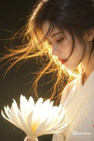 East Asian woman in side profile looking down at a large white flower, illuminated by warm backlight with glowing hair strands.