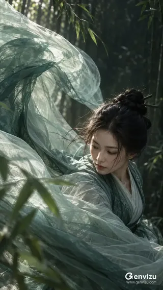 A cinematic vertical portrait of a woman in flowing celadon Hanfu turning in a dark misty bamboo forest.