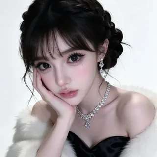 Close-up portrait of a pale woman with braided hair, fringe, diamond jewelry, black satin dress, and white fur stole against a pure white background.