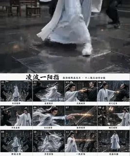 A man in white robes gracefully moves across water, leaving ripples, with energy lines emanating from his finger.