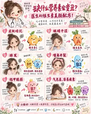 Hand-drawn watercolor infographic with cute characters and nutrient icons, explaining vitamin deficiencies and their effects on appearance, in a soft pink tone.