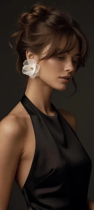 Close-up, high-fashion portrait of a woman with a messy brown updo, serene expression, wearing a black halter dress and a large white flower earring, soft dramatic lighting, dark background.