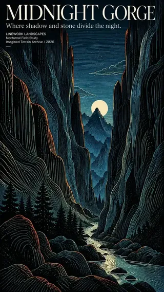 Vertical editorial poster featuring flowing topographic linework, monumental dark mountains, deep blue and teal tones, and burnt orange accents.