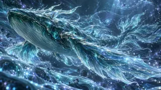 Epic 3D CG concept art of the mythical creature Abyssal Xuan Kun swimming through a serene void with translucent fluid fins and glowing energy strands.
