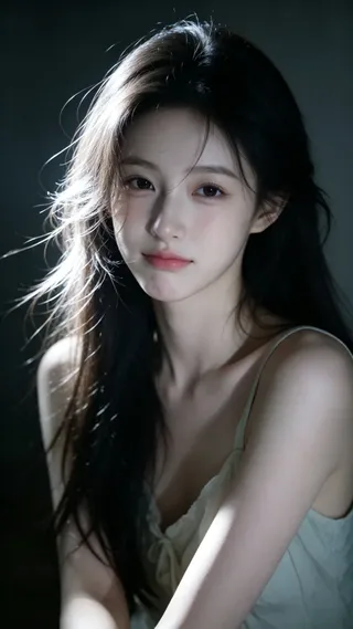 Close-up portrait of a young East Asian woman with long black hair and a serene expression, shot with cinematic lighting against a dark background.