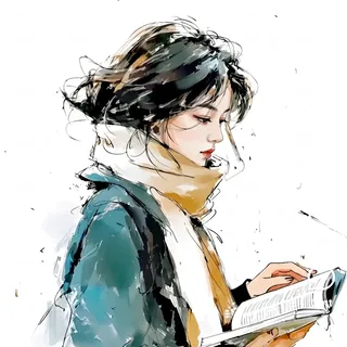 A profile fashion illustration of a woman in a teal wool coat and cashmere scarf reading a book against a minimalist white background with watercolor splatters.