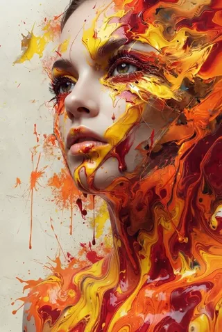 Artistic profile portrait of a woman merging with vibrant, glossy streams of fiery red and orange fluid paint.
