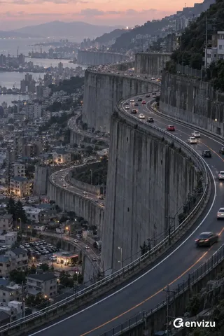 A vast, terraced city built on a mountainside, featuring a prominent S-shaped elevated highway with dense traffic. The highway curves dramatically over massive, multi-story concrete retaining walls, with smaller buildings and infrastructure nestled below. The scene is rendered with a telephoto lens effect, emphasizing scale and atmospheric perspective, with a muted sunset sky.