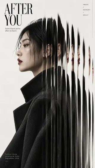 A striking fashion portrait with vertical slit-scan distortion, where parts of the image are fractured into slices while retaining sharp facial features and textures.
