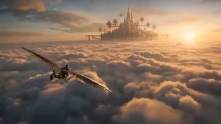 A young courier on a glider flies towards a grand floating city above the clouds at sunrise, with waterfalls cascading into the sky.