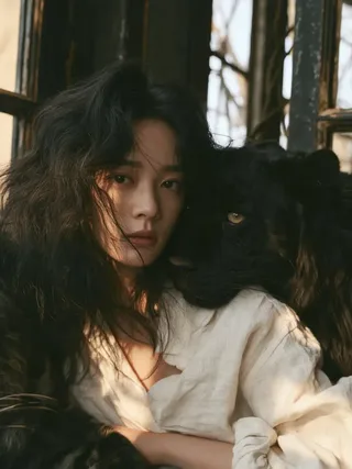 Close-up cinematic portrait of an East Asian woman in an ivory linen shirt standing beside a large black panther against a wooden window background.