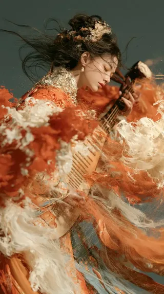 An imposing young goddess with a cold, compassionate expression, holding a pipa, painted in a heavy impasto style with dramatic underlighting and a palette of orange, white, and ghostly blue.