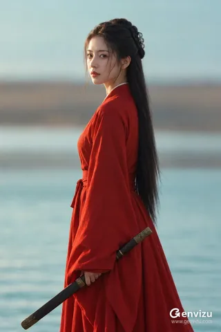 A photorealistic Chinese wuxia film still of an adult woman in a vermilion-red robe standing by water against an abstract blurred background.