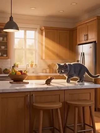 A Pixar-style 3D animation of a blue-gray cat and a brown mouse in a bright, modern kitchen with sunlight streaming through the windows. The characters have expressive eyes and detailed fur.