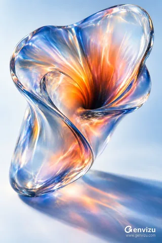 A translucent, abstract glass-resin form resembling a folded petal, illuminated by radiating amber-orange and coral light. It is set against a pale blue-white background with a long blue shadow cast to the lower right, showcasing long exposure photographic effects.