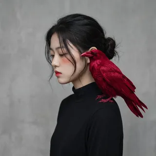 Fine art portrait of a young woman with dark hair in profile, wearing a black high-neck garment. A large, vibrant ruby-red raven is perched on her shoulder. Soft, diffused lighting and a shallow depth of field.