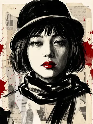 A dramatic vintage fashion portrait of a mysterious woman with a black cloche hat, monochrome skin tones, and striking glossy crimson lips against a torn newspaper collage background.