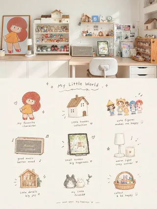 Vertical cozy home scrapbook poster featuring realistic interior photography on top and a watercolor illustration grid on the bottom.