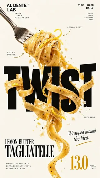 A premium editorial poster with bold black typography. A realistic food item physically interacts with and deforms the letters against a cream background, utilizing a broken grid layout.