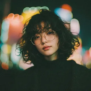 An East Asian woman with voluminous curly hair and round wire glasses posing against a blurred, glowing urban night background in 90s cinematic style.