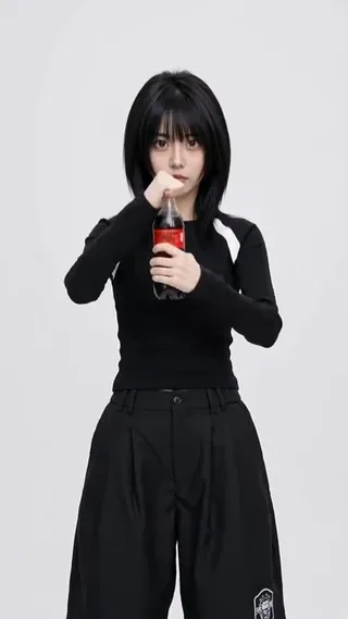 Woman performing a fashion transition in a vibrant cola-themed advertisement, changing outfits with dynamic poses and props.