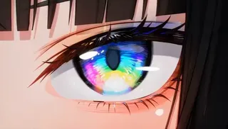 Close-up of a vibrant anime character's eye with swirling rainbow colors, set against a backdrop of neon geometric shapes and graffiti.