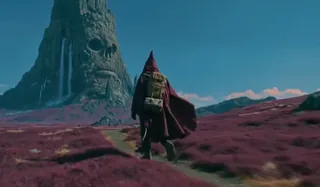 A lone traveler in a red cloak walks through purple heather fields towards a massive skull-shaped mountain with twin waterfalls under a teal sky and a pink moon.