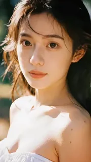 Close-up of a young woman at dusk, her hair blowing in the wind, initially smiling sweetly but her eyes gradually showing weariness.