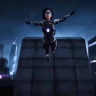 Futuristic female operative in a cybernetic suit performing a parkour leap across a neon-lit cyberpunk city at night.