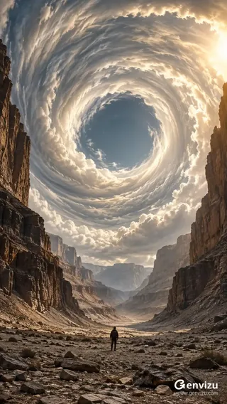 A 9:16 vertical, photorealistic surreal time-stack photograph of a vast canyon. Towering, layered rock walls frame a central view where a massive, slowly rotating cloud ring dominates the sky, revealing a serene blue sky at its center. A tiny, sharp figure of a traveler stands on the canyon floor below. Warm sunlight filters through, creating a dramatic interplay of light and shadow.