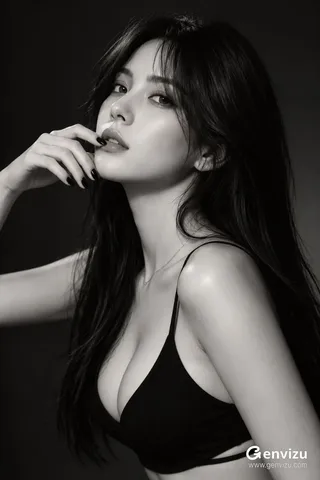Monochrome editorial portrait of an East Asian woman with a hand near her lips, soft studio lighting, and dark gradient background.