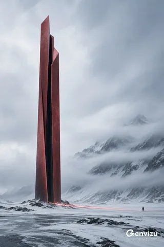A minimalist, ultra-tall, vertical quantum observation tower, predominantly deep crimson with a central black negative space, stands on a vast, cold snowy plain. A tiny human figure is visible for scale. Low clouds obscure the distant mountain slopes.