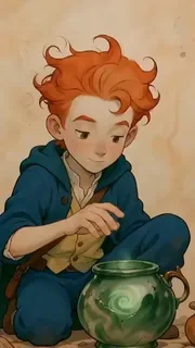 A young boy kneels, releasing a faint green ribbon of wind from a cracked jar into a dead forest, which begins to bloom.