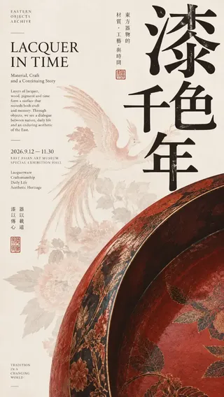 An elegant museum exhibition poster featuring an oriental artifact on warm ivory art paper with bold typography and archival elements.
