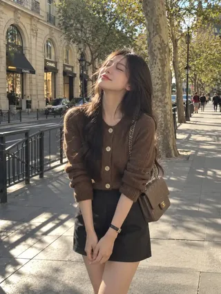 Full-body vertical street-style photograph of a young woman with dark wavy hair, eyes closed, peacefully basking in warm sunlight on an elegant city boulevard, wearing a brown knit cardigan and charcoal mini skirt.