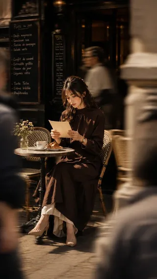Full-body candid street photograph of a young East Asian woman sitting alone at a Parisian cafe table, resting her cheek on her hand while looking at a menu, with blurred pedestrians in the foreground and warm golden hour light.