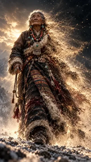 An aged Tibetan woman in traditional ornate attire walking forward while her body dissolves into a storm of glowing golden dust particles.