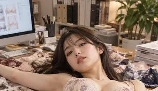A low-angle vertical shot of a young woman lying on a desk cluttered with lingerie samples in a warm, soft-lit planning room.