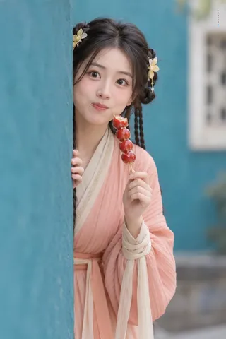 An East Asian woman in apricot pink Neo-Chinese Hanfu peeking from behind a teal wall with a candied hawthorn, captured in a candid portrait.