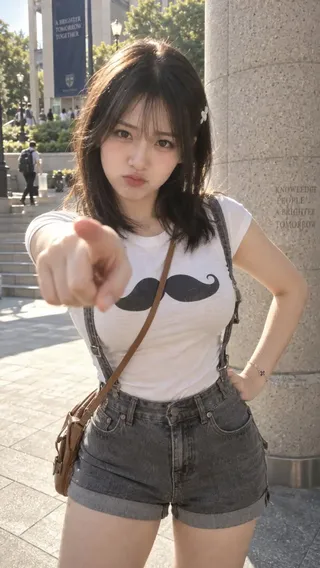 A 20-year-old East Asian woman with dark hair and bangs, wearing a white baby tee with a mustache print and denim suspender shorts, points directly at the camera with her right index finger while her left hand is on her hip.