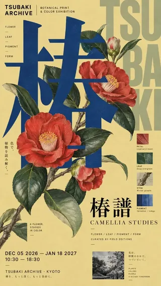 A sophisticated Japanese-style editorial poster with giant typography and dynamic text-image interaction.